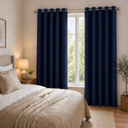 Nod Off Navy Blackout Eyelet Curtains Ring Top Thermal Curtains Ready Made Pair 66X90 Inches - thumbnail 1