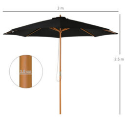 Outsunny 3(M) Wooden Garden Parasol Sun Shade Outdoor Umbrella Canopy Black - thumbnail 3