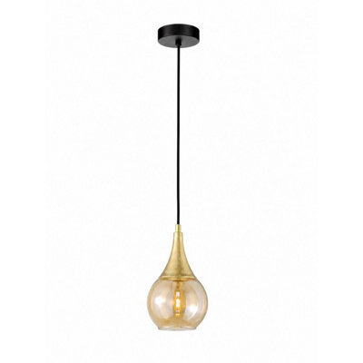 Luminosa Lighting Luminosa Lacrima Dome Pendant Ceiling Light Black, Gold Amber Glass Shade 1X E27 - image 1