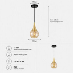 Luminosa Lighting Luminosa Lacrima Dome Pendant Ceiling Light Black, Gold Amber Glass Shade 1X E27 - thumbnail 4