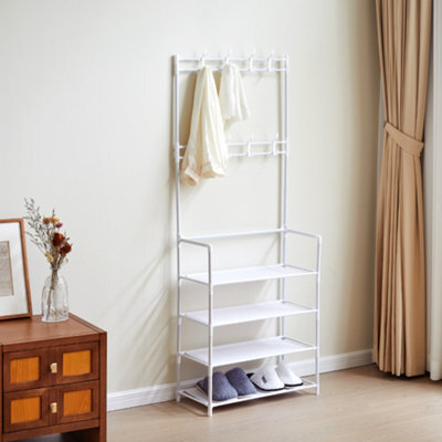 Living And Home White Entryway Stand Coat Rack Coat Hanger With 4 Tier Shoe Storage Shelves 158Cm (H) - image 1