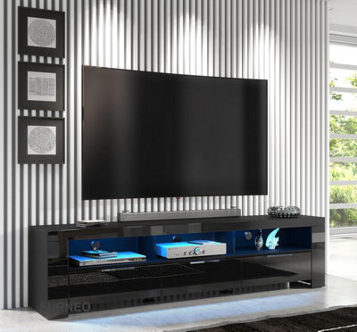 Furneo 200Cm Black Long Tv Stand Unit Cabinet Matt & High Gloss Blue Led Lights Phantom 10 - image 1
