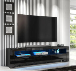 Furneo 200Cm Black Long Tv Stand Unit Cabinet Matt & High Gloss Blue Led Lights Phantom 10