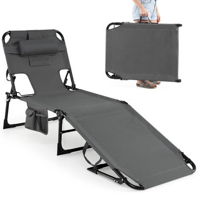 Costway Portable Tanning Lounge Chair With Adjustable Backrest Folding Beach Chair With Face Arm Holes-Grey - image 1