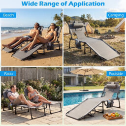 Costway Portable Tanning Lounge Chair With Adjustable Backrest Folding Beach Chair With Face Arm Holes-Grey - thumbnail 5