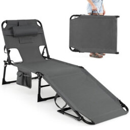 Costway Portable Tanning Lounge Chair With Adjustable Backrest Folding Beach Chair With Face Arm Holes-Grey - thumbnail 1