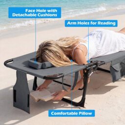 Costway Portable Tanning Lounge Chair With Adjustable Backrest Folding Beach Chair With Face Arm Holes-Grey - thumbnail 4