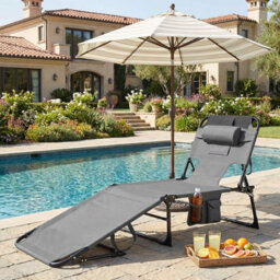 Costway Portable Tanning Lounge Chair With Adjustable Backrest Folding Beach Chair With Face Arm Holes-Grey - thumbnail 7