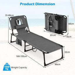 Costway Portable Tanning Lounge Chair With Adjustable Backrest Folding Beach Chair With Face Arm Holes-Grey - thumbnail 2