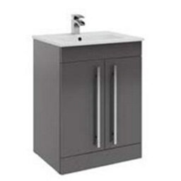 Clifton Bathroom 2 Door Floor Standing Vanity Unit With Ceramic Basin 600mm Wide - Storm Grey Gloss  - Brassware Not Included
