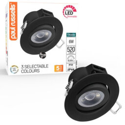 Paul Russells Led Downlight Black Dimmable Tilt Recessed Ceiling Spotlight 6W 520 Lumens, Ip44, Colour Changeable Cct3 Pack Of 1 - thumbnail 1