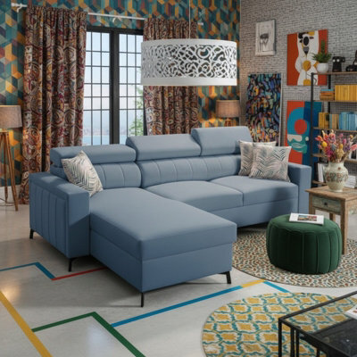 Baltico I Mini Modern Corner Sofa Bed With Adjustable Profiled Headrests  Storage Compact Fabric Lshape Settee Light Blue Left - image 1