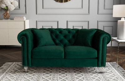 Chesterfield Sofa With Acrylic Feet In Velvet Bottle Green Fabric 2 Seater Sofa - image 1