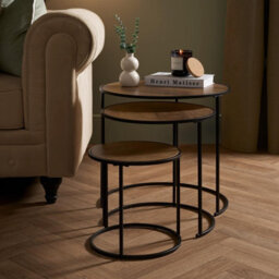 Ohs Manhattan Round Nesting Side Coffee Table With Metal Frame - Dark Wood