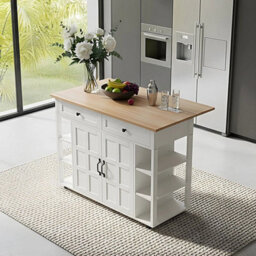 Kitchen Island With Drop Leaf, Rolling Kitchen Storage Trolley, 2 Door Cupboard - thumbnail 4