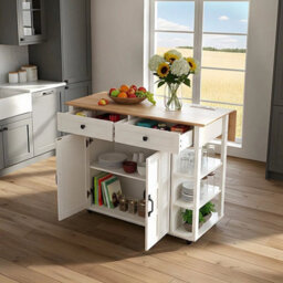 Kitchen Island With Drop Leaf, Rolling Kitchen Storage Trolley, 2 Door Cupboard - thumbnail 3