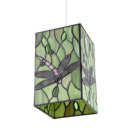 Happy Homewares Green Stained Glass Dragonfly Rectangular Tiffany Pendant Light Shade - thumbnail 5