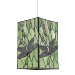 Happy Homewares Green Stained Glass Dragonfly Rectangular Tiffany Pendant Light Shade