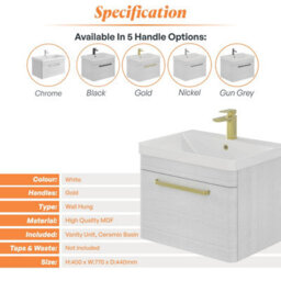 Plum&clay Emery Textured White Wall Hung Bathroom Vanity Unit & Basin Set With Gold Handles (W)80Cm (H)46Cm - thumbnail 5