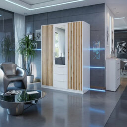 Modern 3 Door Wardrobe Balilux D3 150 Cm Wide With A One Mirror On The Doors And Stylish Strips White With Oakwotan - thumbnail 2