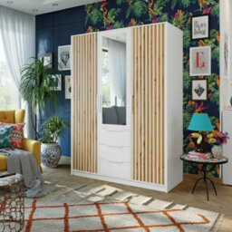 Modern 3 Door Wardrobe Balilux D3 150 Cm Wide With A One Mirror On The Doors And Stylish Strips White With Oakwotan