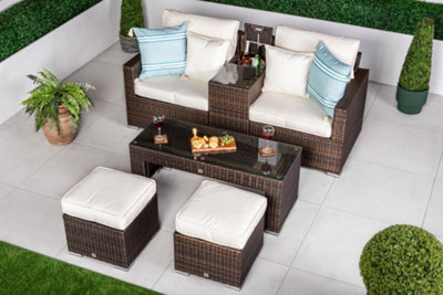 Giardino Havana 2 Seat Modular Sofa Rattan Garden Balcony Furniture Set Outdoor Drinks Cooler Table, Coffee Table & Stools - Brown - image 1