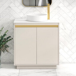 Royal Bathrooms Orion 800mm Warm Taupe Floor Standing Vanity Unit 2 Door With Plain White Undrilled Worktop & Brushed Brass Accent Trim - thumbnail 2