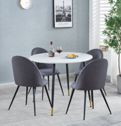 Hallowood Furniture Finley Small Round Dining Table In White Marble Finish With 4 Curved Back Grey Fabric Chairs