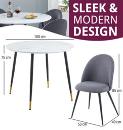 Hallowood Furniture Finley Small Round Dining Table In White Marble Finish With 4 Curved Back Grey Fabric Chairs - thumbnail 3