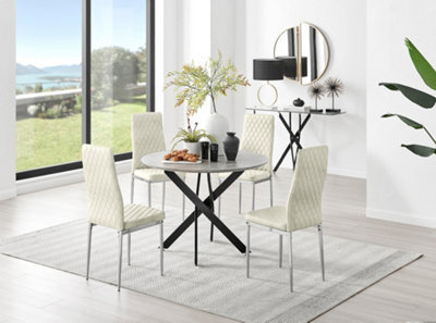 Furniturebox Uk Novara Grey Concrete Effect Black Leg Round Dining Table & 4 Cream Velvet Milan Chairs - image 1