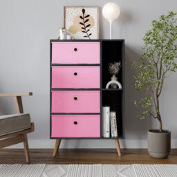 Urbn-Living Urbnliving 84Cm Height Black 6 Section Wooden Storage Bookcase With Beech Legs Pink Drawers - thumbnail 2