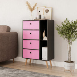 Urbn-Living Urbnliving 84Cm Height Black 6 Section Wooden Storage Bookcase With Beech Legs Pink Drawers