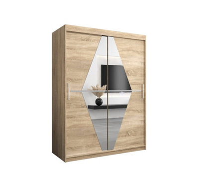 Arte Boliwia Contemporary 2 Mirrored Sliding Door Wardrobe 5 Shelves 2 Rails Sonoma Oak Effect (H)2000mm (W)1500mm (D)620mm - image 1