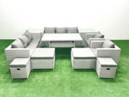 Fimous Rattan Garden Furniture Dining Set 12 Seater Lounge Sofa Chair Dining Table Set 4 Stools 2 Side Tables Light Grey - thumbnail 2
