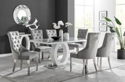 Furniturebox Giovani Rectangular 6 Seat White High Gloss Unique Halo Base Dining Table Grey Glass Top 6 Grey Velvet Silver Leg Belgravia Chairs