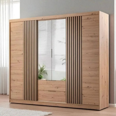 Arte Oak Sonoma Mallorca 250 Sliding Wardrobe - Mirrored Doors With Black Vertical Lamelas - image 1