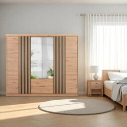 Arte Oak Sonoma Mallorca 250 Sliding Wardrobe - Mirrored Doors With Black Vertical Lamelas - thumbnail 2