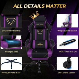 Luckracer Fabric Gaming Chair With Footrest Ergonomic Computer Chair Home Office High Back Heavy Duty Pc Chairs, Purple - thumbnail 8