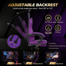 Luckracer Fabric Gaming Chair With Footrest Ergonomic Computer Chair Home Office High Back Heavy Duty Pc Chairs, Purple - thumbnail 6