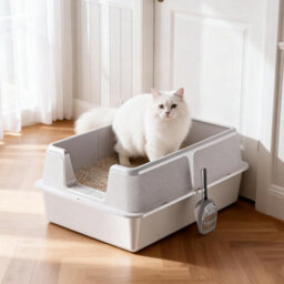 London Boutique Stainless Steel Cat Litter Box High Sides Extra Large Litter Tray With Scoop, Open Top Anti-Splashing White