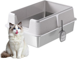 London Boutique Stainless Steel Cat Litter Box High Sides Extra Large Litter Tray With Scoop, Open Top Anti-Splashing White - thumbnail 6