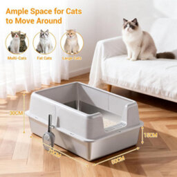 London Boutique Stainless Steel Cat Litter Box High Sides Extra Large Litter Tray With Scoop, Open Top Anti-Splashing White - thumbnail 2