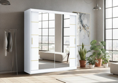 Fhif Dallas Gold 150Cm White Sliding Door Wardrobe Modern Bedroom Storage With Full Length Mirror Shelves And Hanging Rails - image 1