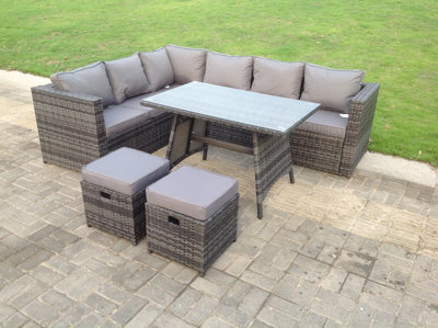 Fimous Dark Mixed Grey Rattan Garden Outdoor Corner Sofa Set Rectangular Dining Table Small Footstools 8 Seater For Balcony - image 1