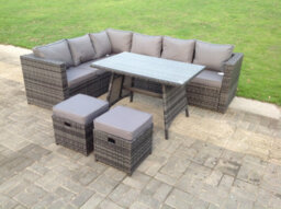 Fimous Dark Mixed Grey Rattan Garden Outdoor Corner Sofa Set Rectangular Dining Table Small Footstools 8 Seater For Balcony