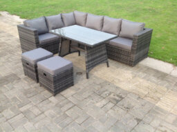 Fimous Dark Mixed Grey Rattan Garden Outdoor Corner Sofa Set Rectangular Dining Table Small Footstools 8 Seater For Balcony - thumbnail 2