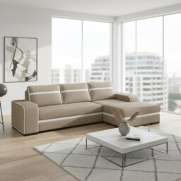 Finn Living Room Corner Sofa Bed With Sinuous Spring Wooden Frame Legs Storage Container 285X165X90Cm Beige And White Right