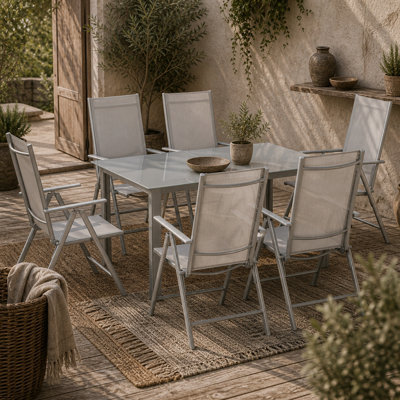 Wyld Haus Pasano 7-Piece Outdoor Dining Set - Tempered Glass Table And 6 Folding Reclining Chairs, Grey - image 1