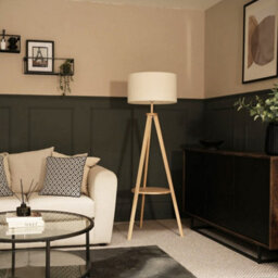Valuelights Morrigan Natural Wood Shelf Tripod Floor Lamp With Boucle Shade - thumbnail 3