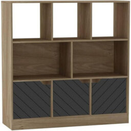 Urbn-Living Urbnliving Asymmetrical 8 Cube Oak Bookcase Freestanding Storage Unit With 3 Line Design Doors - Black
